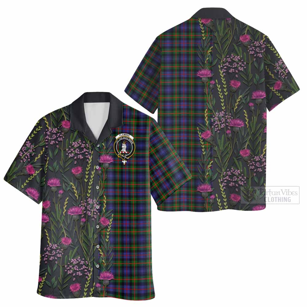 Fleming Family Crest Tartan Hawaiian Shirt Scottish Thistle Flower Pattern Half Style - Tartan Vibes Clothing