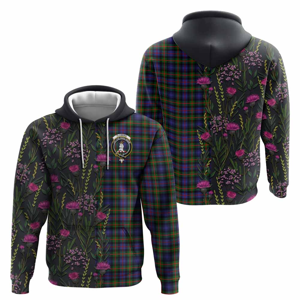 Fleming Family Crest Tartan Hoodie Scottish Thistle Flower Pattern Half Style - Tartan Vibes Clothing