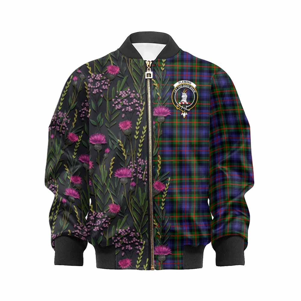 Fleming Family Crest Tartan Kid Bomber Jacket Scottish Thistle Flower Pattern Half Style - Tartan Vibes Clothing