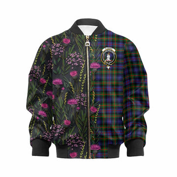 Fleming Family Crest Tartan Kid Bomber Jacket Scottish Thistle Flower Pattern Half Style