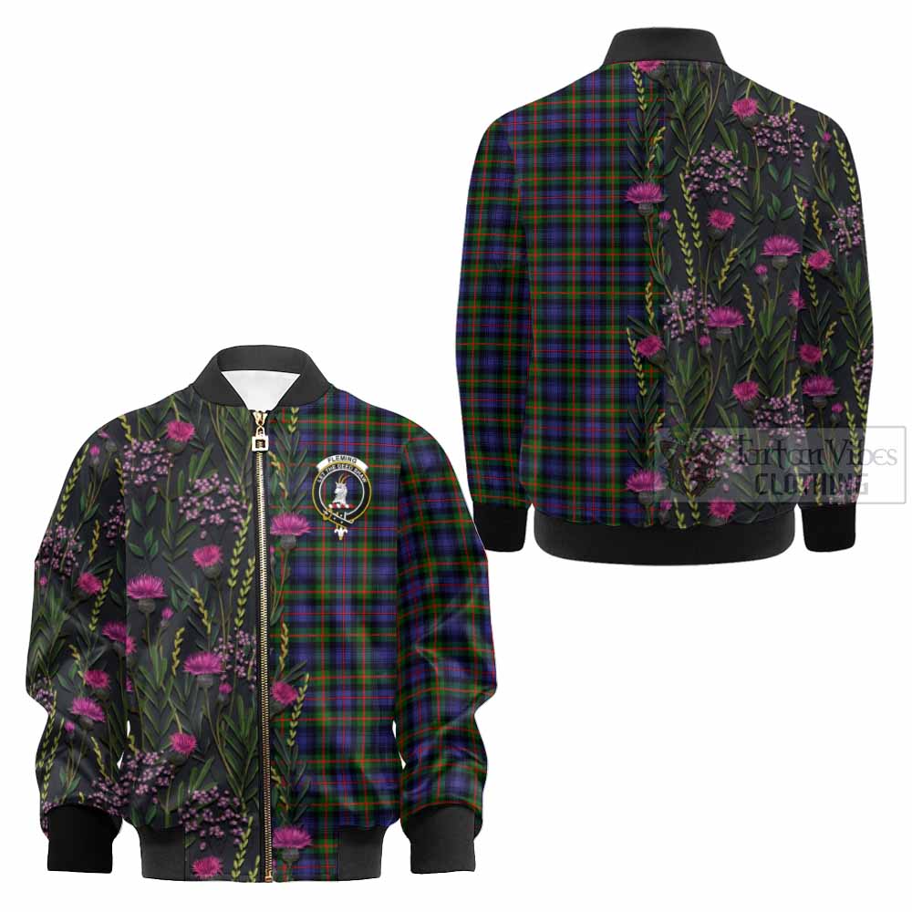 Fleming Family Crest Tartan Kid Bomber Jacket Scottish Thistle Flower Pattern Half Style - Tartan Vibes Clothing