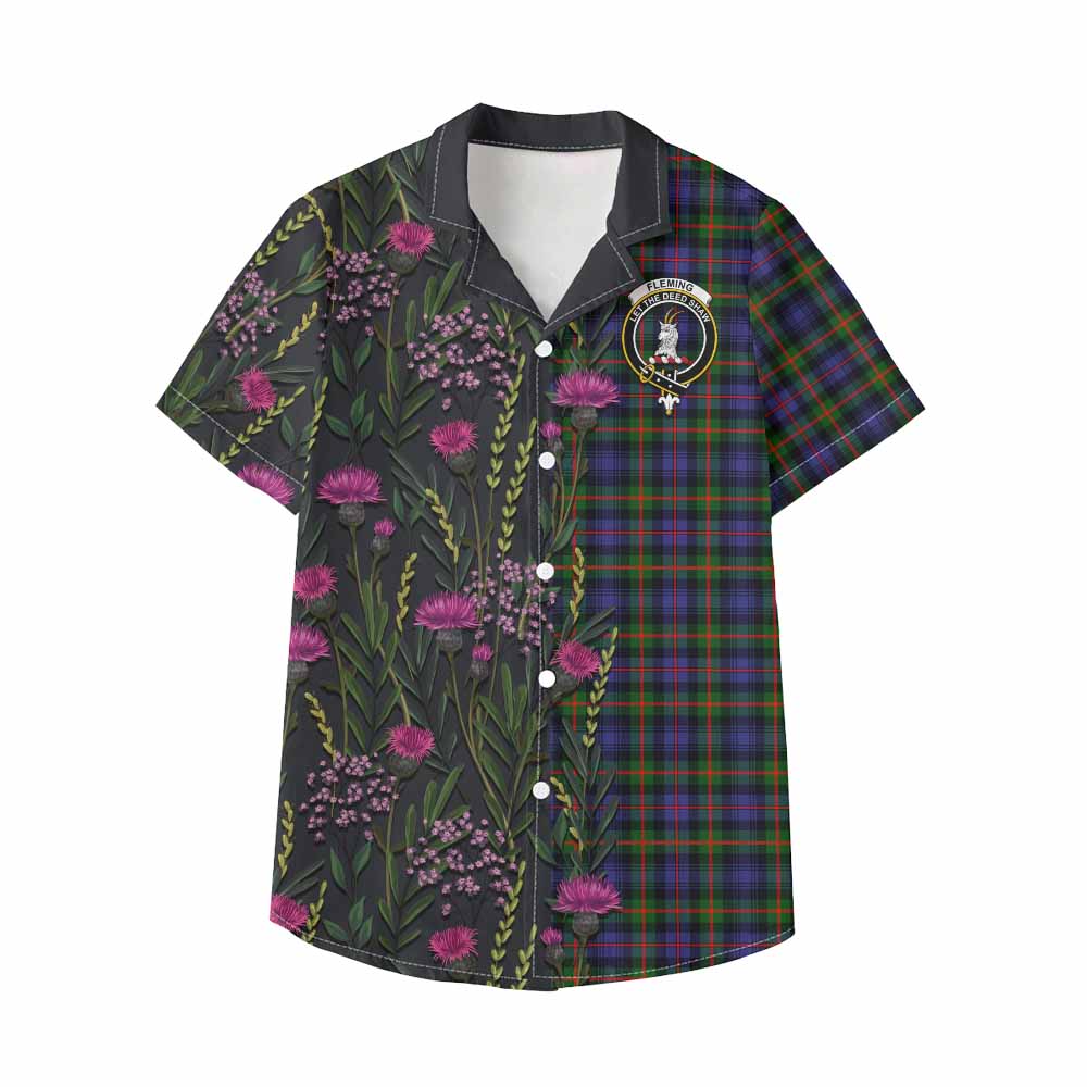 Fleming Family Crest Tartan Kid Hawaiian Shirt Scottish Thistle Flower Pattern Half Style - Tartan Vibes Clothing