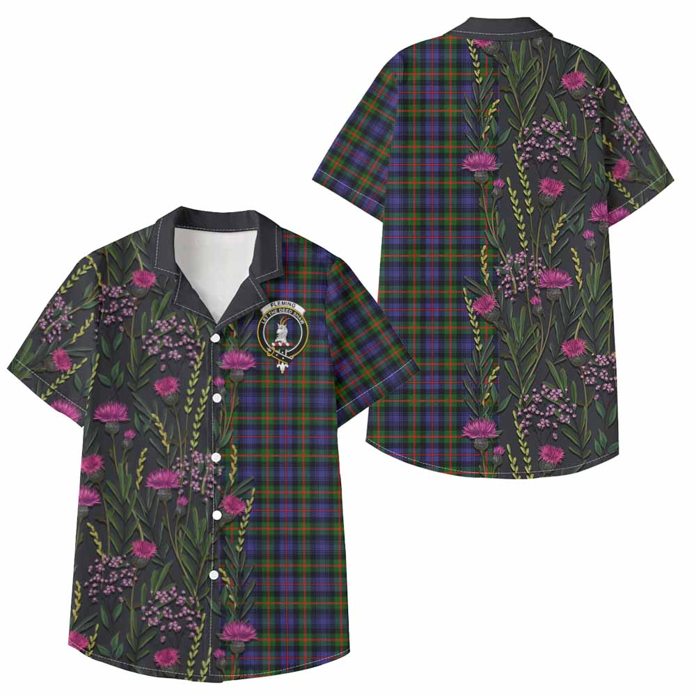 Fleming Family Crest Tartan Kid Hawaiian Shirt Scottish Thistle Flower Pattern Half Style - Tartan Vibes Clothing