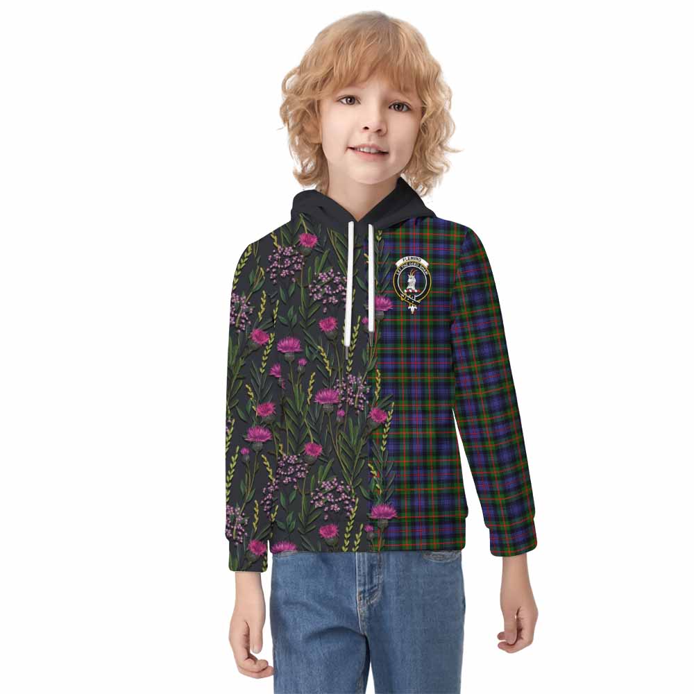 Fleming Family Crest Tartan Kid Hoodie Scottish Thistle Flower Pattern Half Style - Tartan Vibes Clothing