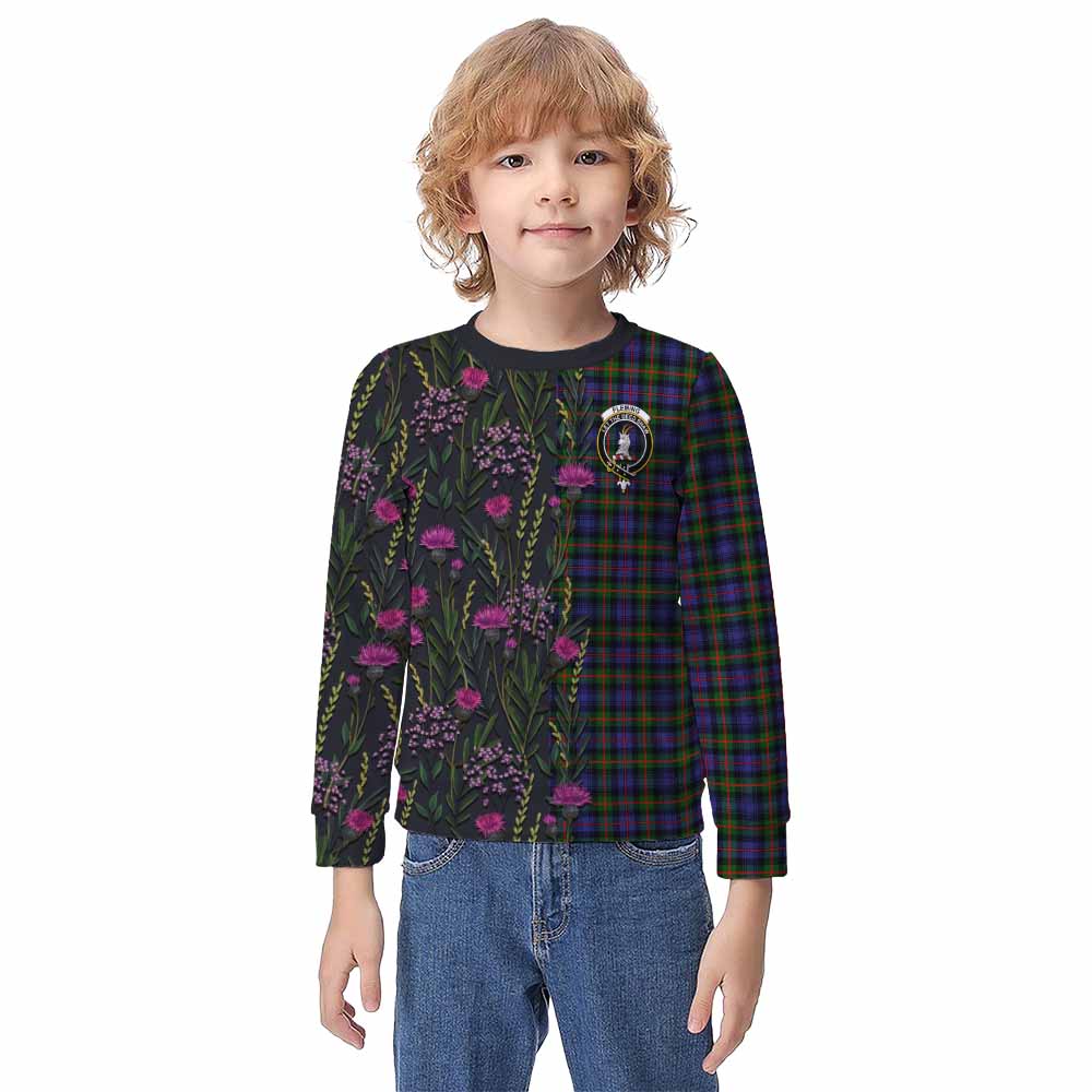 Fleming Family Crest Tartan Kid Knitted Sweatshirt Scottish Thistle Flower Pattern Half Style - Tartan Vibes Clothing