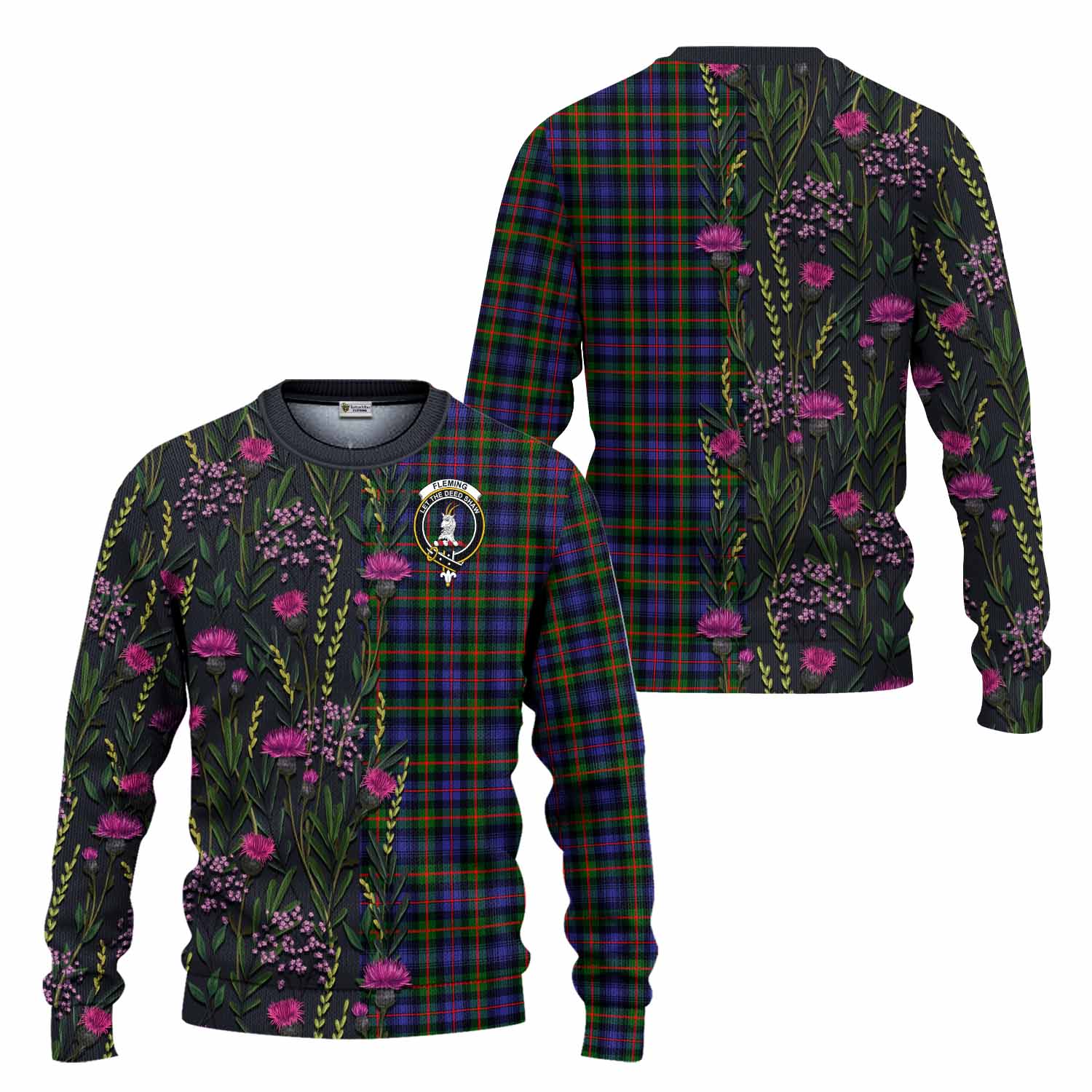 Fleming Family Crest Tartan Knitted Sweater Scottish Thistle Flower Pattern Half Style - Tartan Vibes Clothing