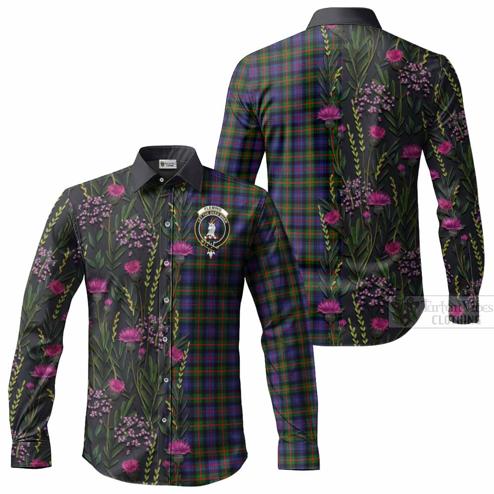 Fleming Family Crest Tartan Long Sleeve Button Shirts Scottish Thistle Flower Pattern Half Style - Tartan Vibes Clothing