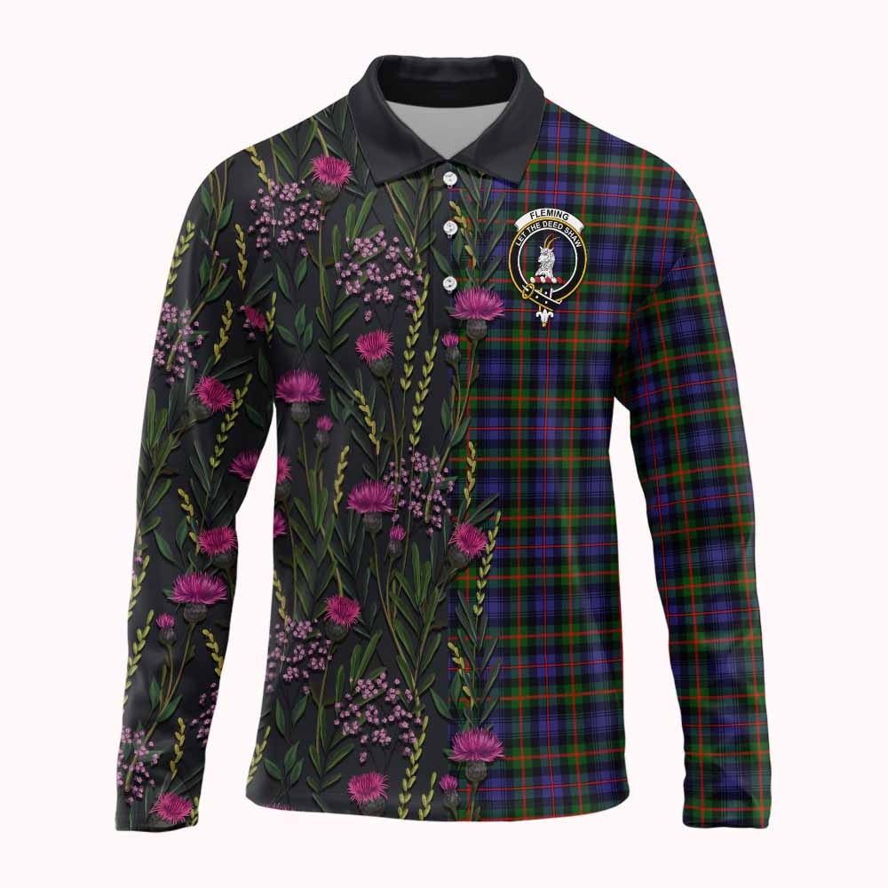 Fleming Family Crest Tartan Long Sleeve Polo Shirt Scottish Thistle Flower Pattern Half Style - Tartan Vibes Clothing