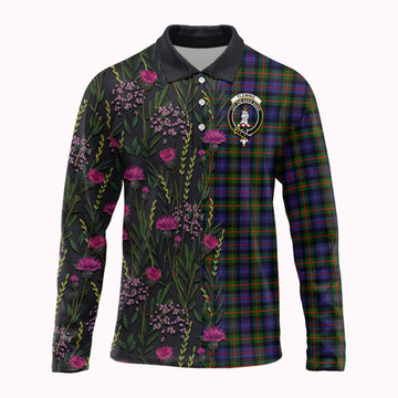 Fleming Family Crest Tartan Long Sleeve Polo Shirt Scottish Thistle Flower Pattern Half Style