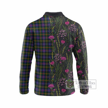 Fleming Family Crest Tartan Long Sleeve Polo Shirt Scottish Thistle Flower Pattern Half Style