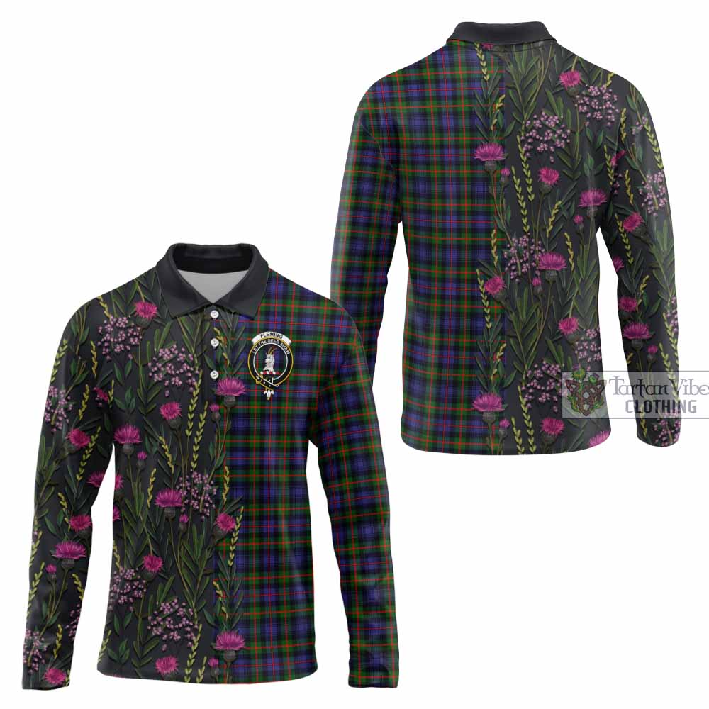 Fleming Family Crest Tartan Long Sleeve Polo Shirt Scottish Thistle Flower Pattern Half Style - Tartan Vibes Clothing