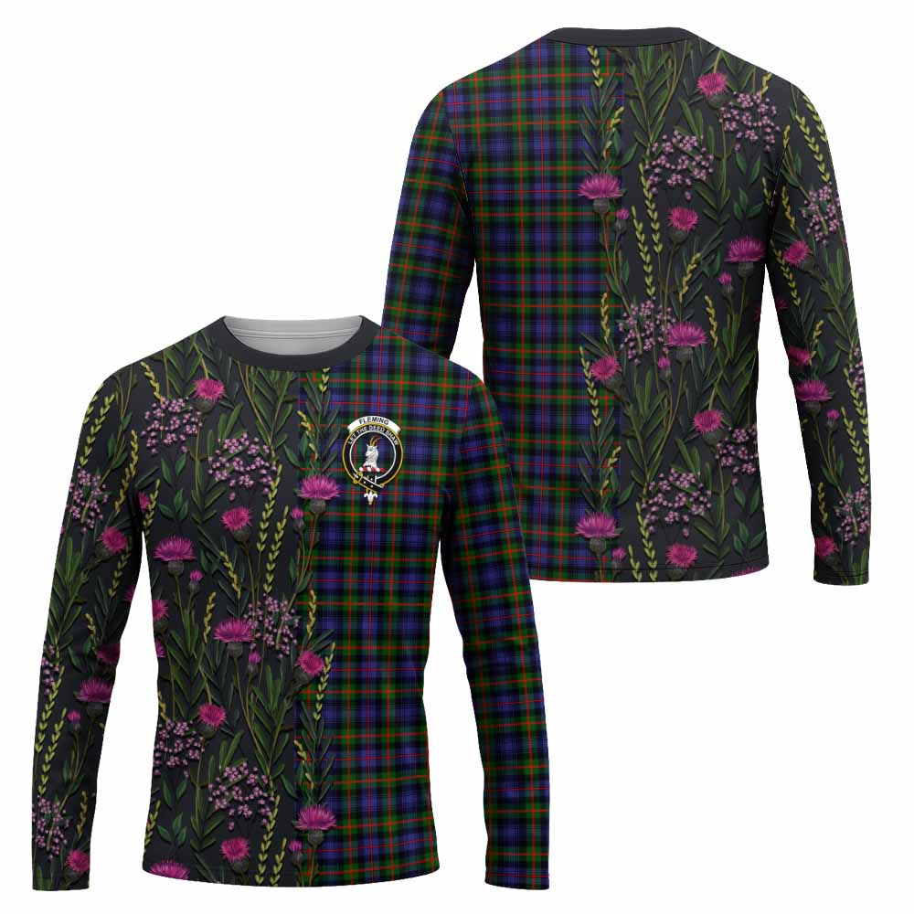 Fleming Family Crest Tartan Long Sleeve T-Shirt Scottish Thistle Flower Pattern Half Style - Tartan Vibes Clothing