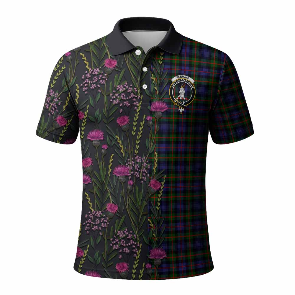Fleming Family Crest Tartan Polo Shirt Scottish Thistle Flower Pattern Half Style - Tartan Vibes Clothing