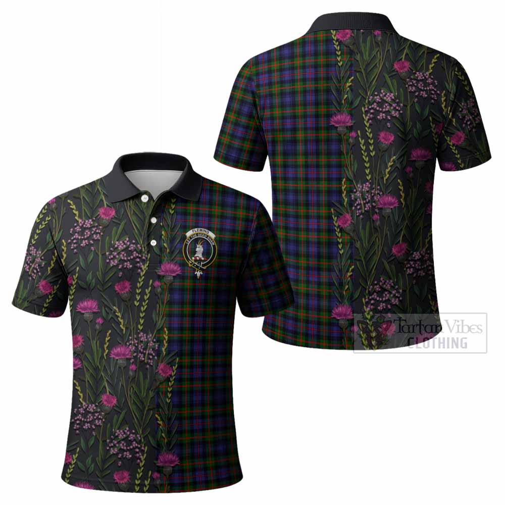 Fleming Family Crest Tartan Polo Shirt Scottish Thistle Flower Pattern Half Style - Tartan Vibes Clothing