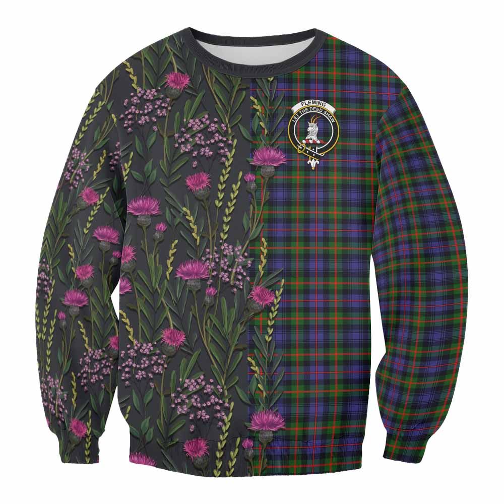 Fleming Family Crest Tartan Sweatshirt Scottish Thistle Flower Pattern Half Style - Tartan Vibes Clothing