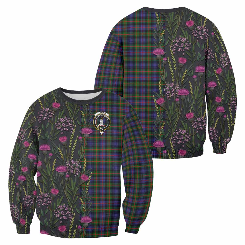 Fleming Family Crest Tartan Sweatshirt Scottish Thistle Flower Pattern Half Style - Tartan Vibes Clothing