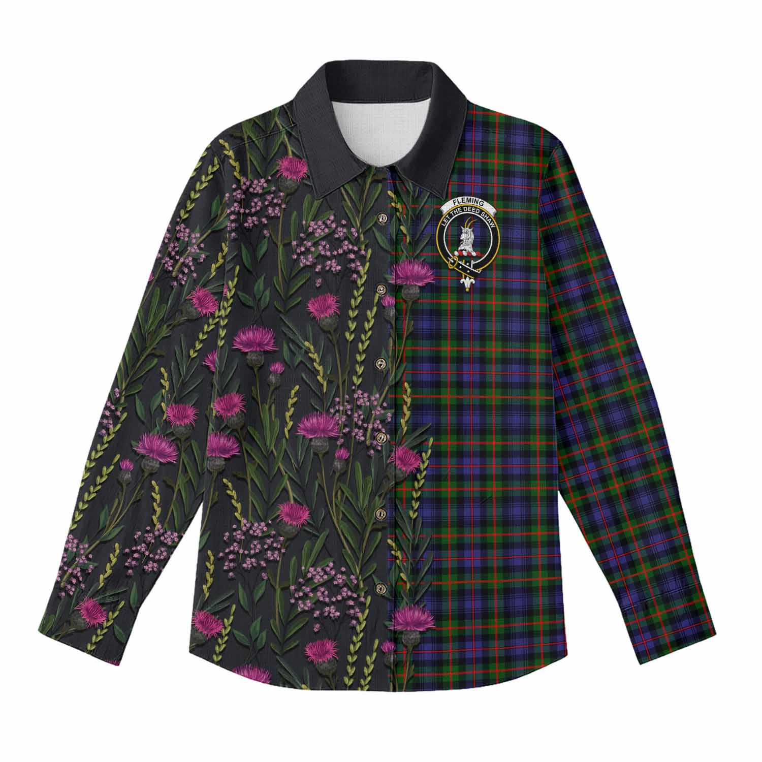 Fleming Family Crest Tartan Women Casual Shirt Scottish Thistle Flower Pattern Half Style - Tartan Vibes Clothing