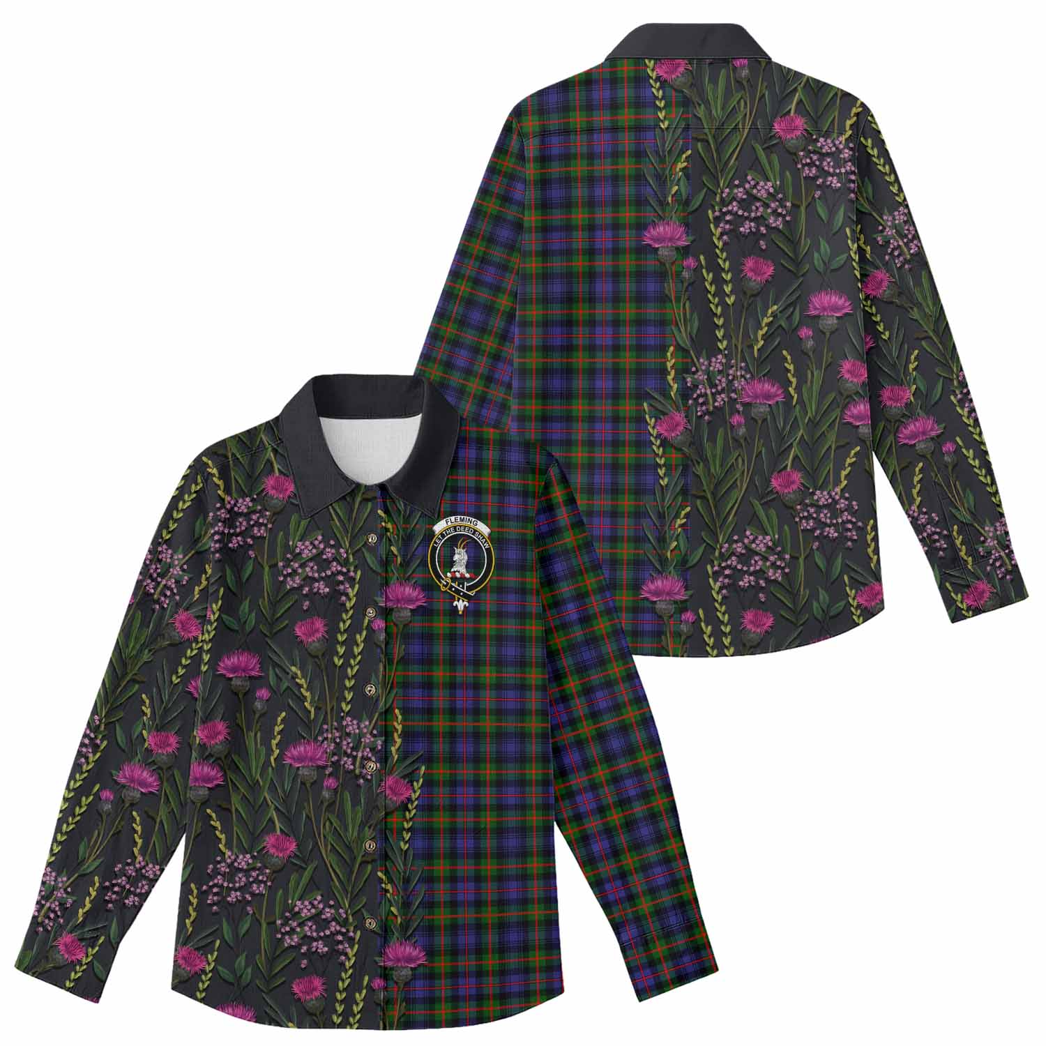 Fleming Family Crest Tartan Women Casual Shirt Scottish Thistle Flower Pattern Half Style - Tartan Vibes Clothing