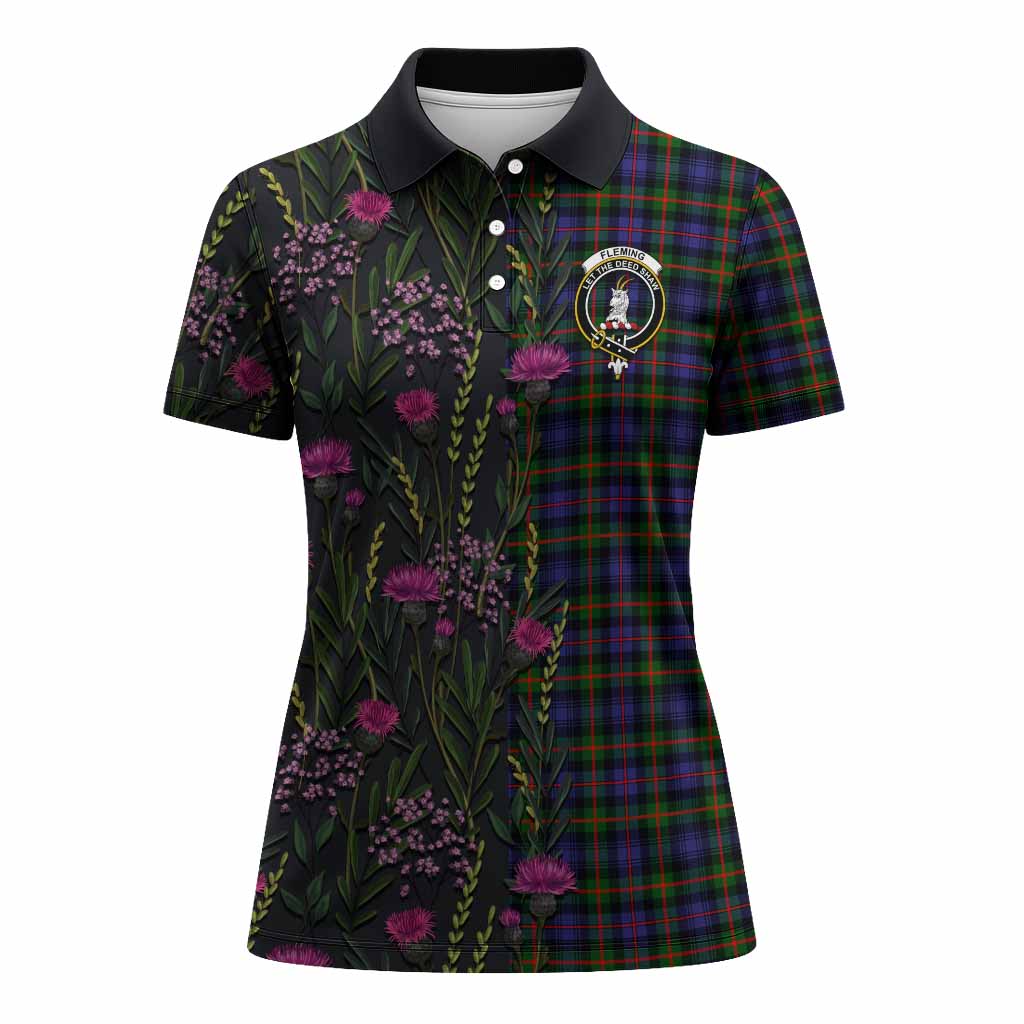 Fleming Family Crest Tartan Women Polo Shirt Scottish Thistle Flower Pattern Half Style - Tartan Vibes Clothing