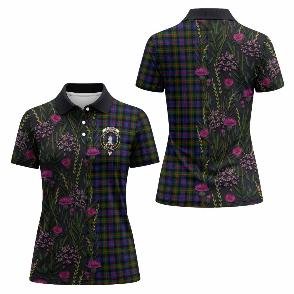 Fleming Family Crest Tartan Women Polo Shirt Scottish Thistle Flower Pattern Half Style - Tartan Vibes Clothing