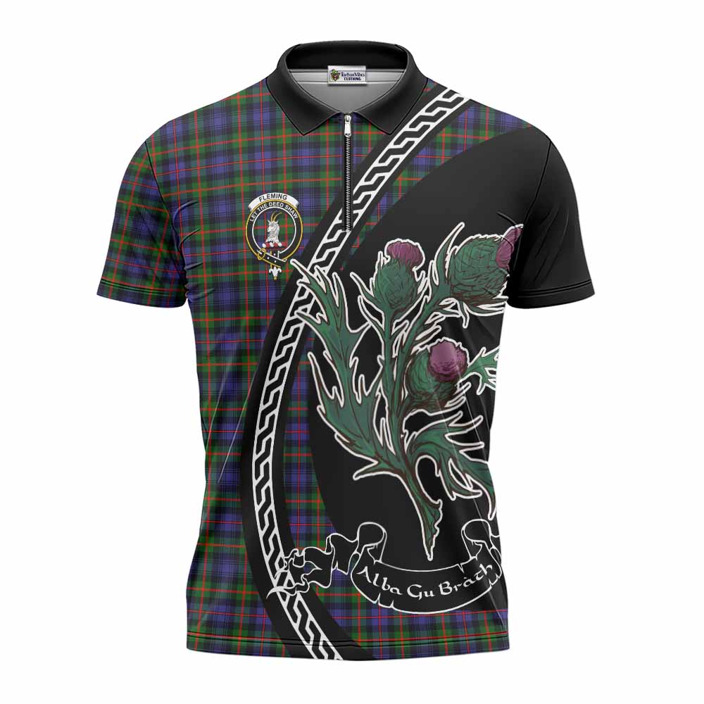 Fleming Family Crest Tartan Zipper Polo Shirt Alba Thistle Inspired - Tartan Vibes Clothing