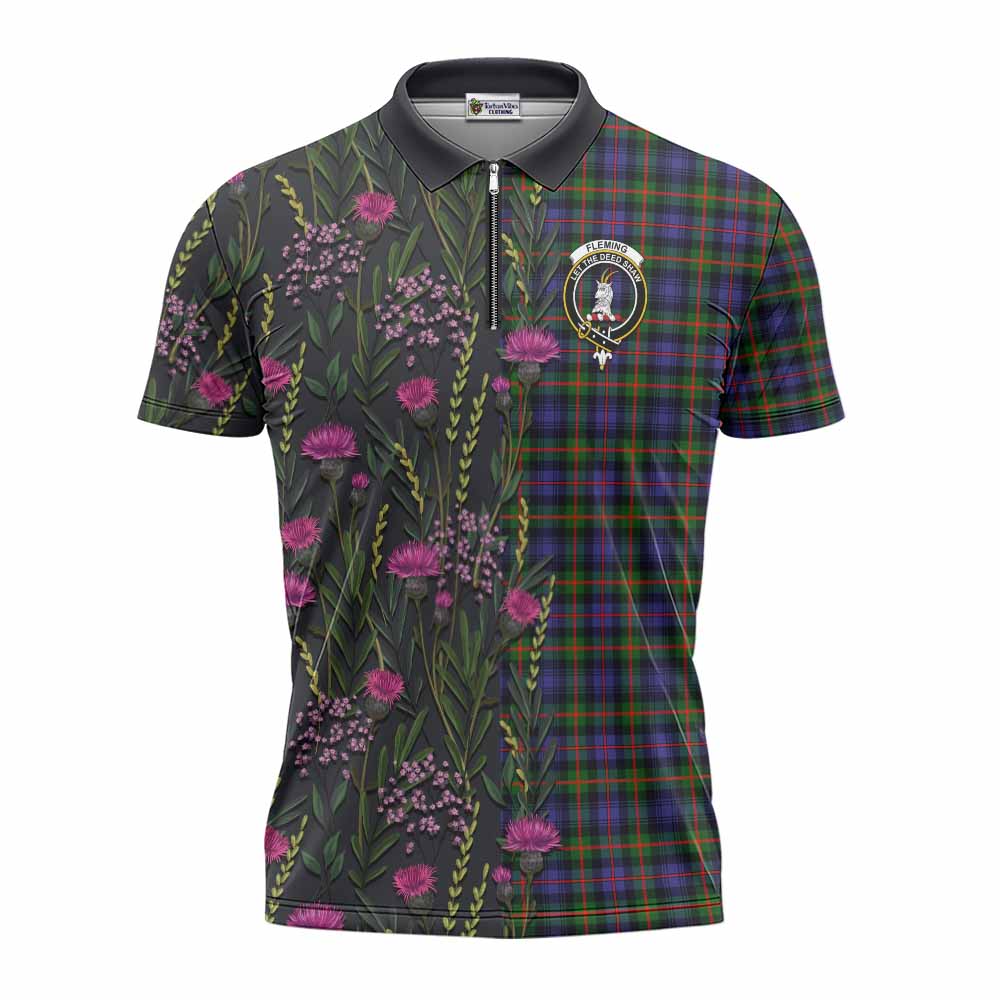 Fleming Family Crest Tartan Zipper Polo Shirt Scottish Thistle Flower Pattern Half Style - Tartan Vibes Clothing