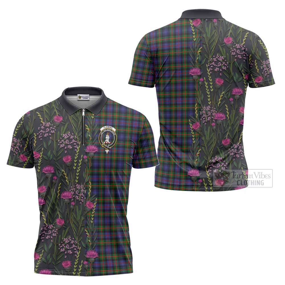 Fleming Family Crest Tartan Zipper Polo Shirt Scottish Thistle Flower Pattern Half Style - Tartan Vibes Clothing