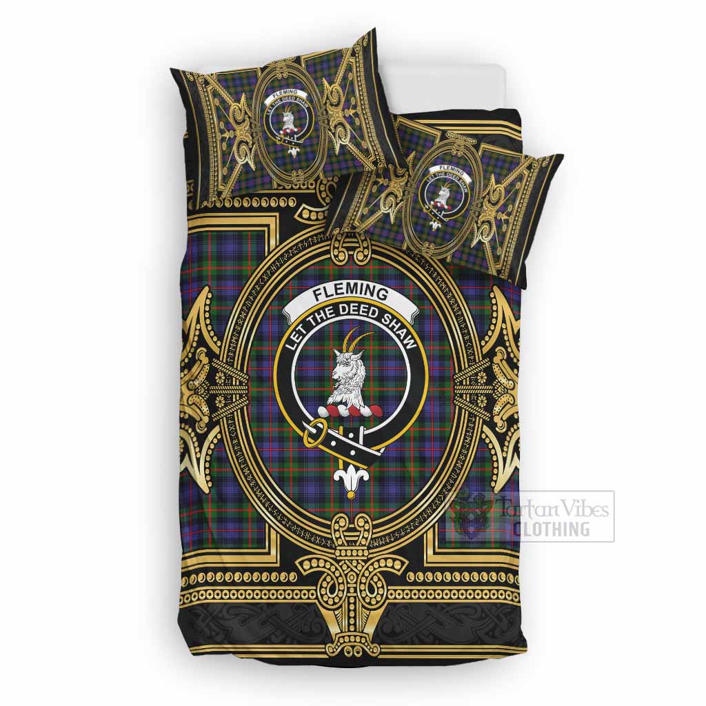 Fleming Scottish Tartan Crest Bedding Set Royal Stylized