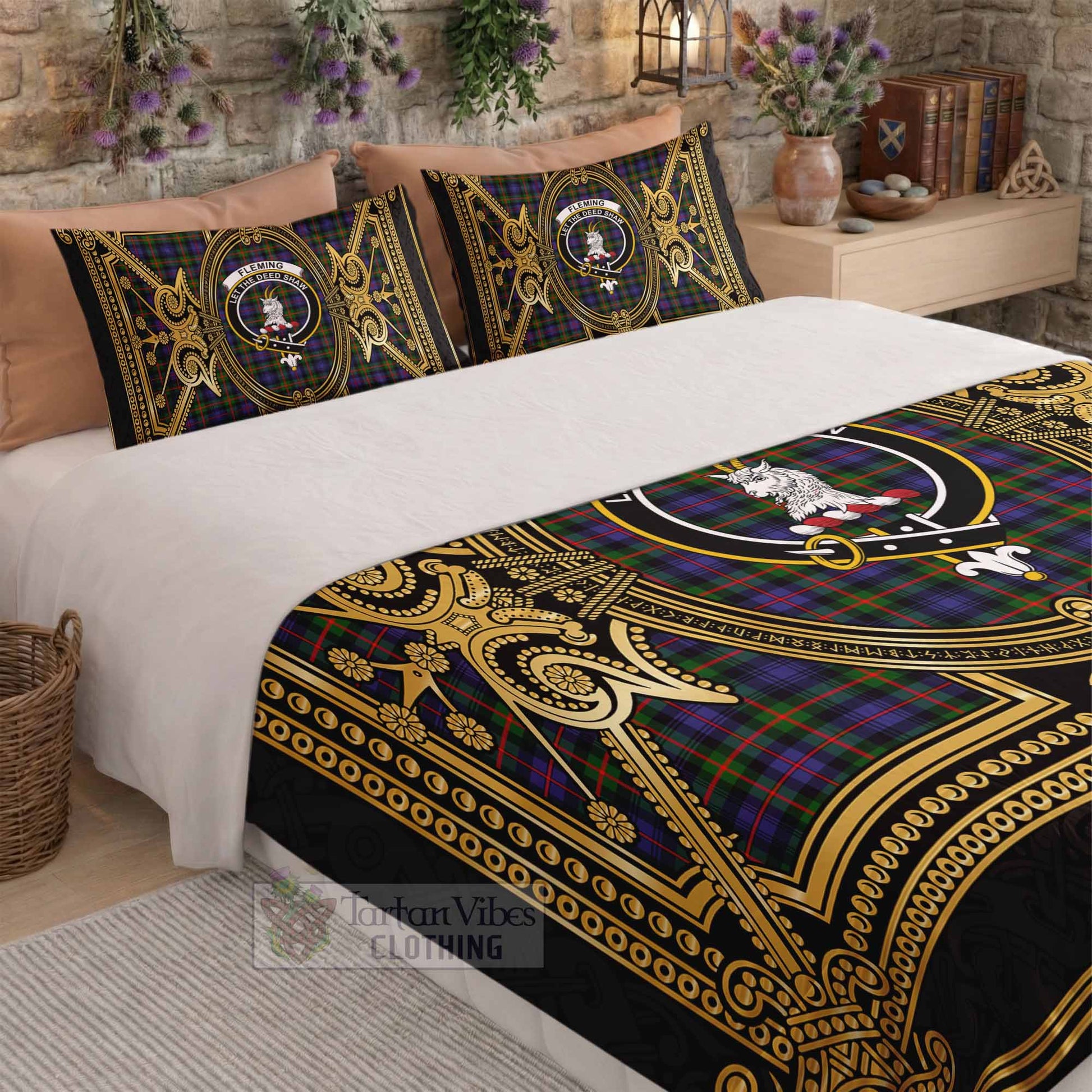 Fleming Scottish Tartan Crest Bedding Set Royal Stylized