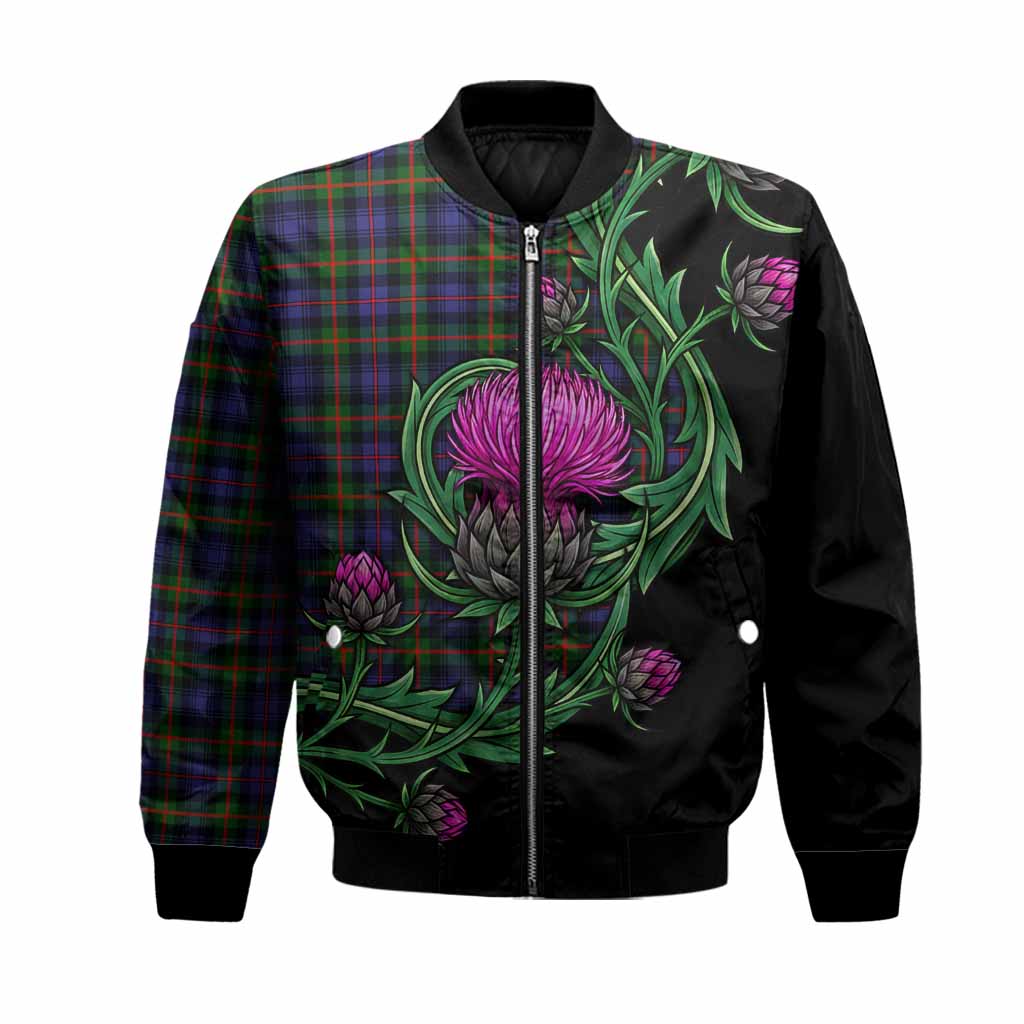 Fleming Tartan Bomber Jacket Resilient Scottish Thistle Unisex Black - Tartan Vibes Clothing