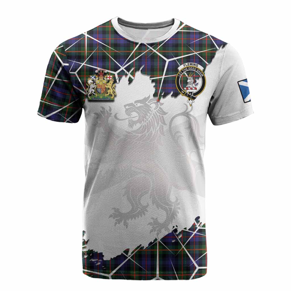 Fleming Tartan Cotton T-shirt with Family Crest and Lion Rampant Grunge Style