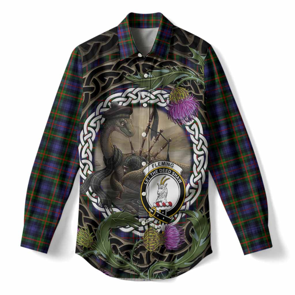 Fleming Tartan Crest Bagpipe Nessie Women Casual Shirt Scottish Loch Ness Monster Celtic Thistle