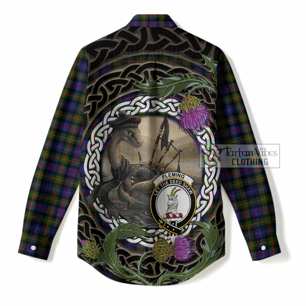 Fleming Tartan Crest Bagpipe Nessie Women Casual Shirt Scottish Loch Ness Monster Celtic Thistle