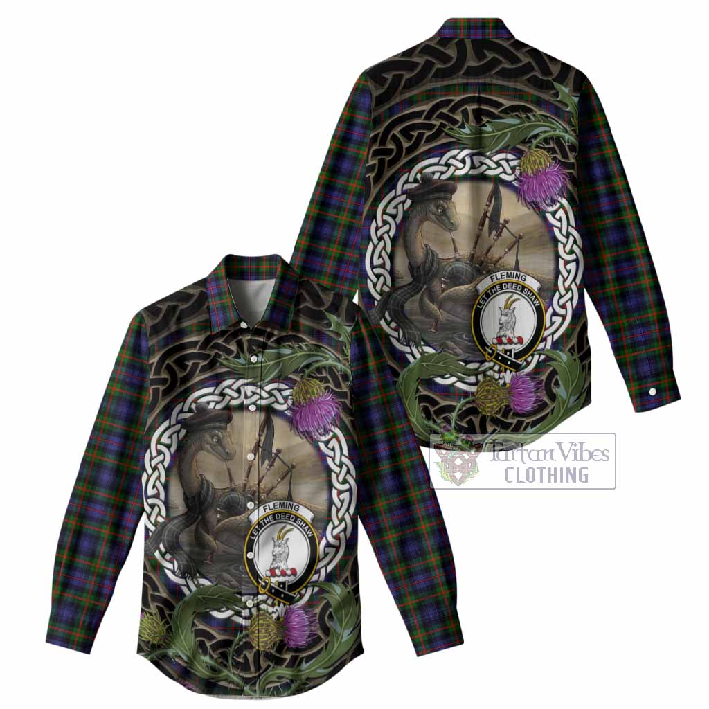 Fleming Tartan Crest Bagpipe Nessie Women Casual Shirt Scottish Loch Ness Monster Celtic Thistle