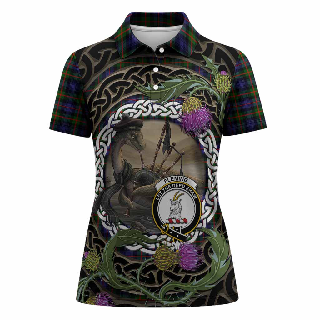Fleming Tartan Crest Bagpipe Nessie Women Polo Shirt Scottish Loch Ness Monster Celtic Thistle