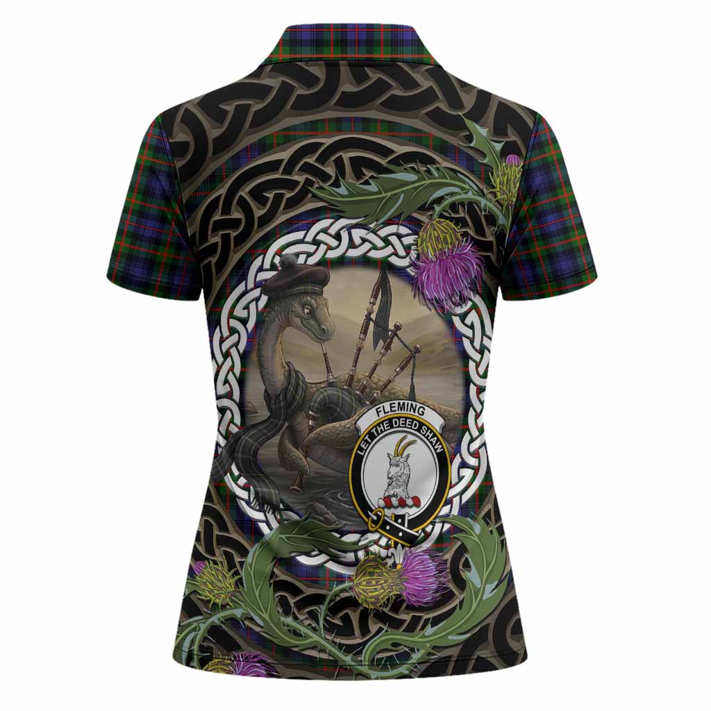 Fleming Tartan Crest Bagpipe Nessie Women Polo Shirt Scottish Loch Ness Monster Celtic Thistle