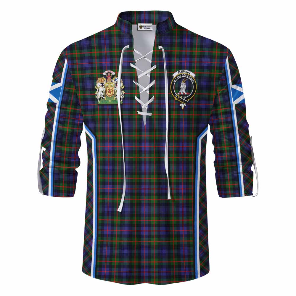 Fleming Tartan Crest Ghillie Kilt Shirt Scotland Coat of Arm Flag Style - Tartan Vibes Clothing