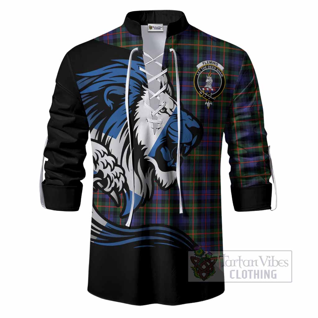 Fleming Tartan Crest Ghillie Shirt Scottish Golden Lions Wave Flow