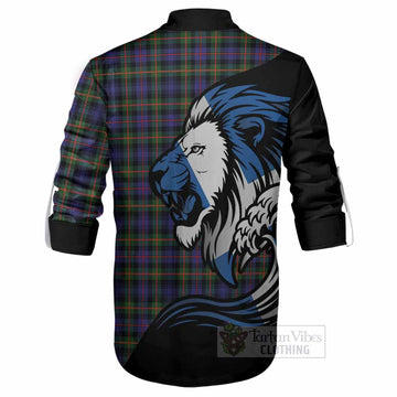 Fleming Tartan Crest Ghillie Shirt Scottish Golden Lions Wave Flow