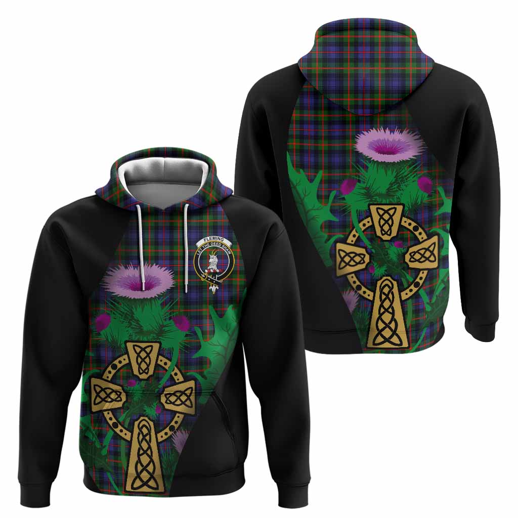 Fleming Tartan Crest Hoodie Celtic Cross Thistle Flowers