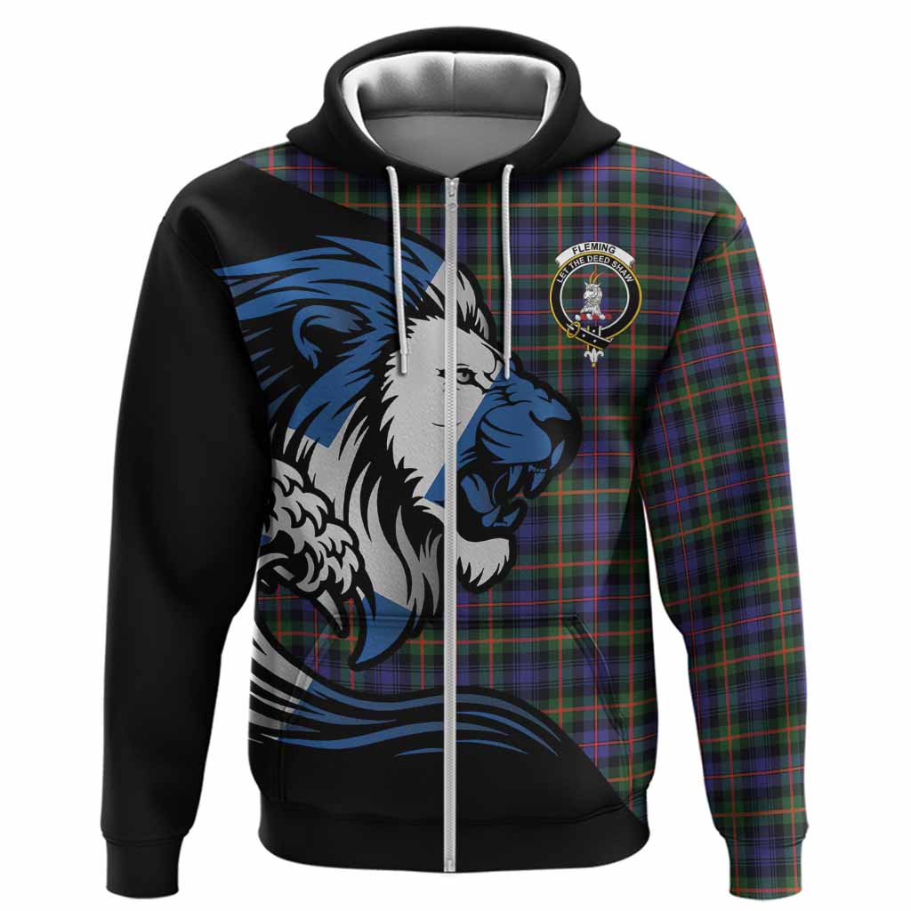 Fleming Tartan Crest Hoodie Scottish Golden Lions Wave Flow