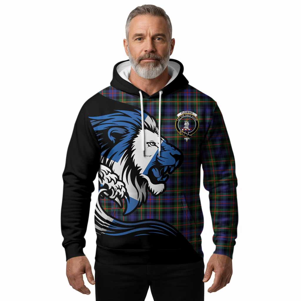 Fleming Tartan Crest Hoodie Scottish Golden Lions Wave Flow