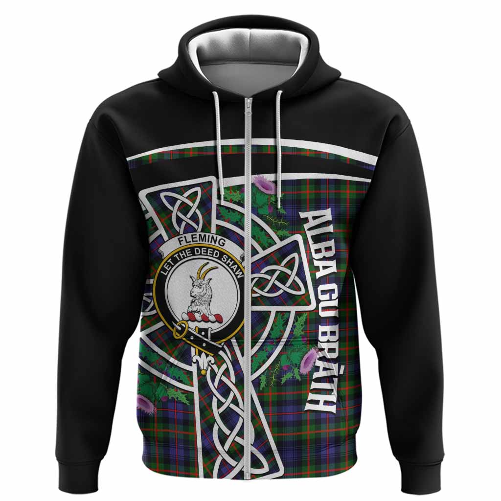 Fleming Tartan Crest Hoodie Scottish Thistle Celtic Cross Alba Gu Brath