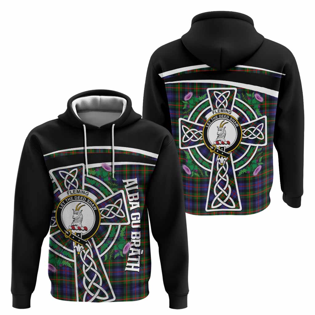 Fleming Tartan Crest Hoodie Scottish Thistle Celtic Cross Alba Gu Brath