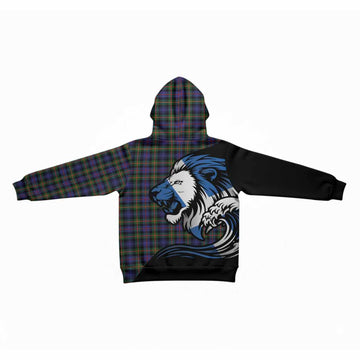 Fleming Tartan Crest Kid Hoodie Scottish Golden Lions Wave Flow