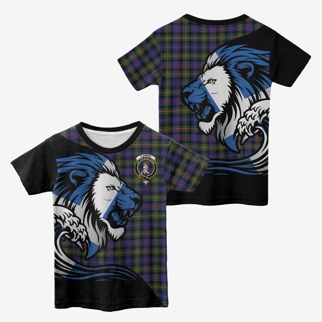 Fleming Tartan Crest Kid T-shirt Scottish Golden Lions Wave Flow