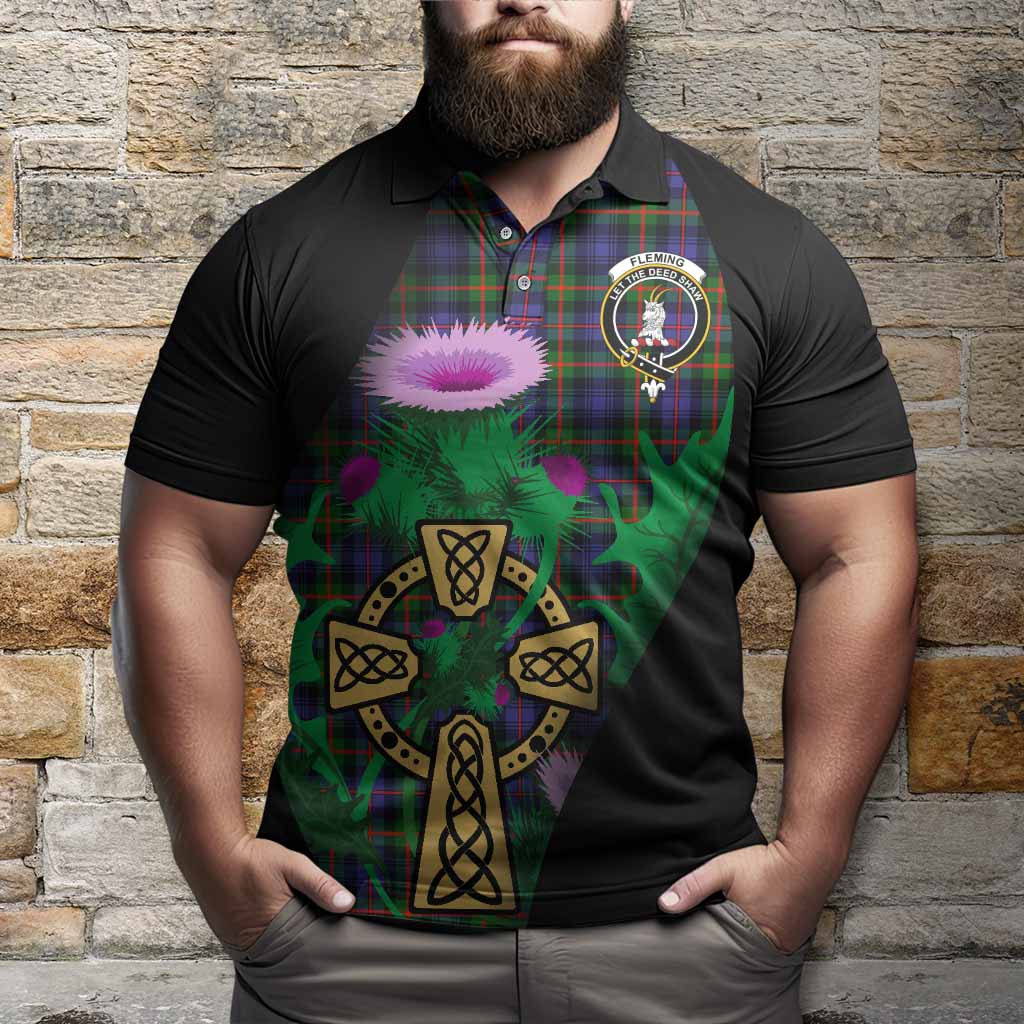 Fleming Tartan Crest Polo Shirt Celtic Cross Thistle Flowers