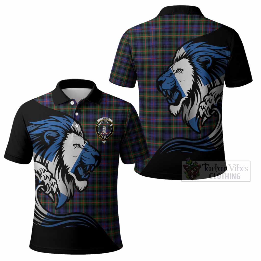 Fleming Tartan Crest Polo Shirt Scottish Golden Lions Wave Flow