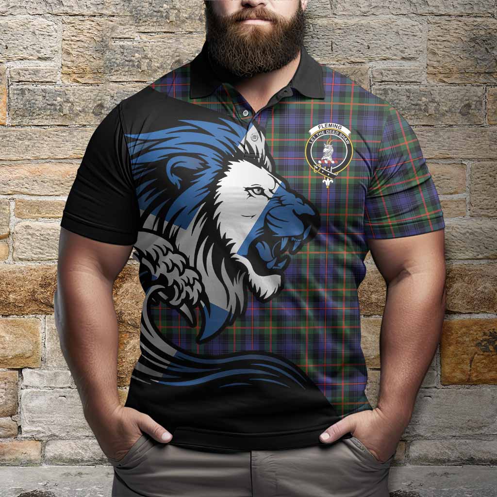 Fleming Tartan Crest Polo Shirt Scottish Golden Lions Wave Flow