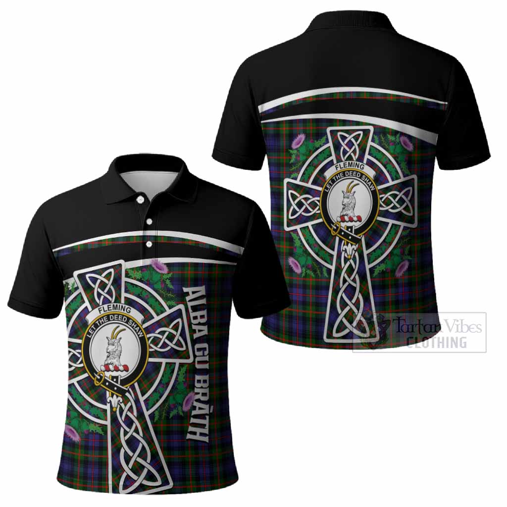 Fleming Tartan Crest Polo Shirt Scottish Thistle Celtic Cross Alba Gu Brath